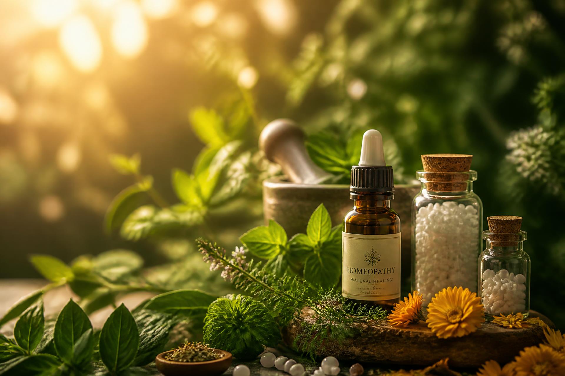 Homeopathic remedies surrounded by tulsi, neem and marigold in warm sunrise light
