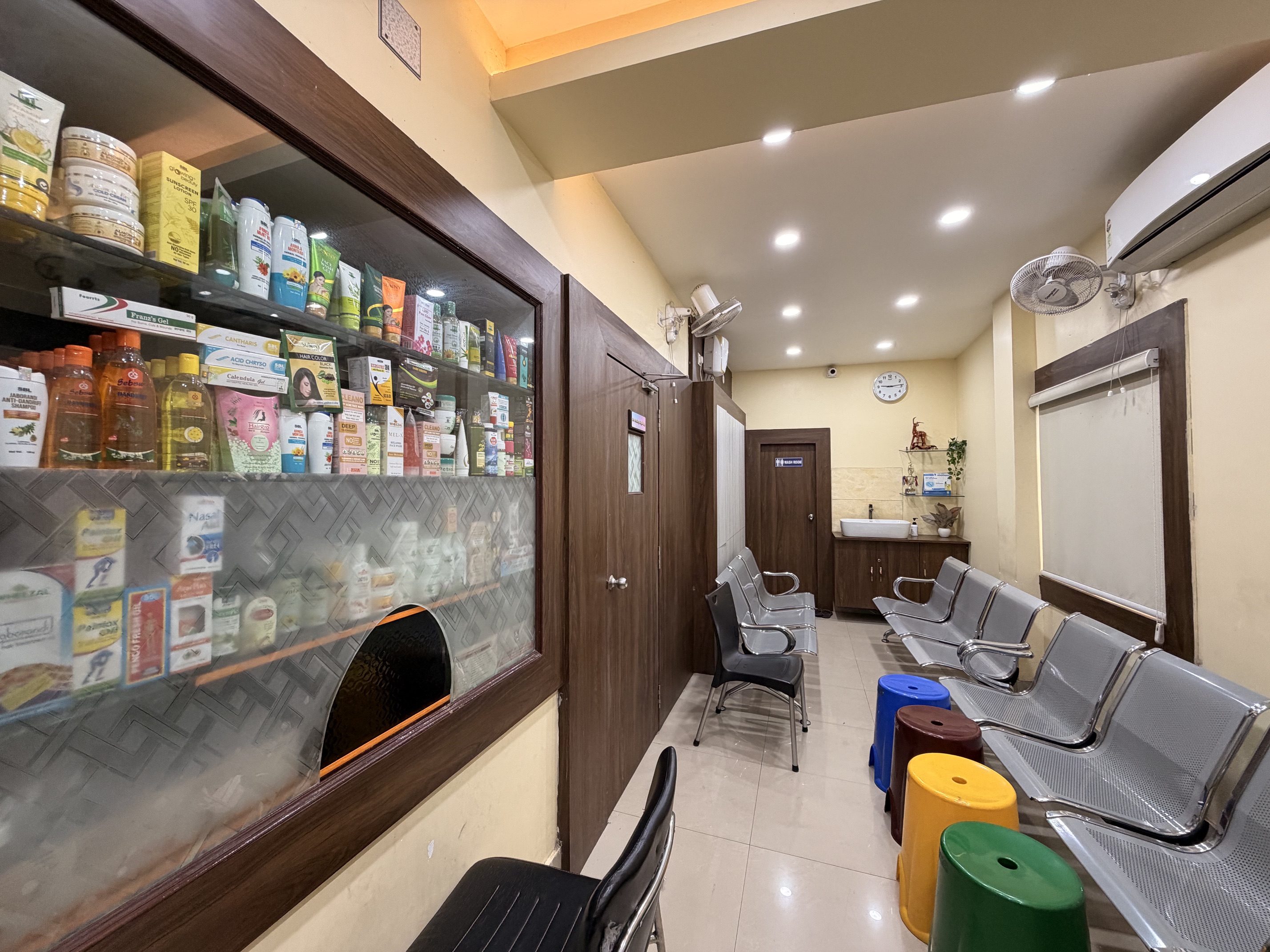 Clinic waiting area and medicine display